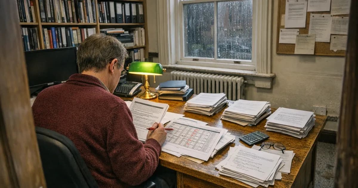University researcher at Lancaster analyzing printed vulnerability reports and Cyber Essentials framework documentation on a paper-covered desk in an academic office