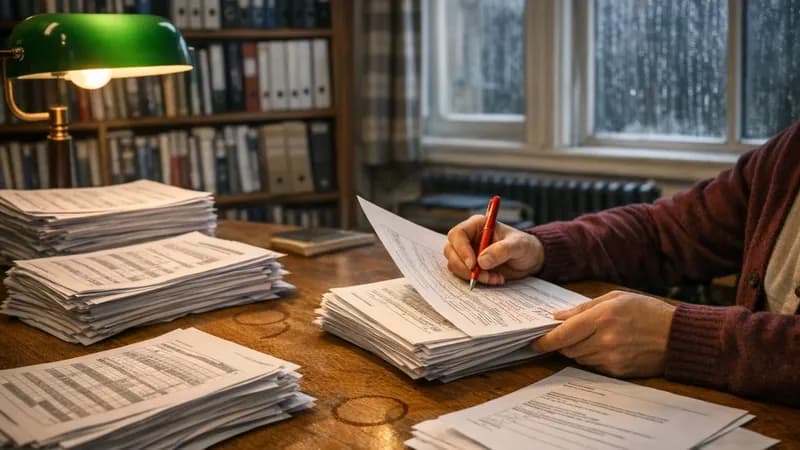 University researcher at Lancaster analyzing printed vulnerability reports and Cyber Essentials framework documentation on a paper-covered desk in an academic office
