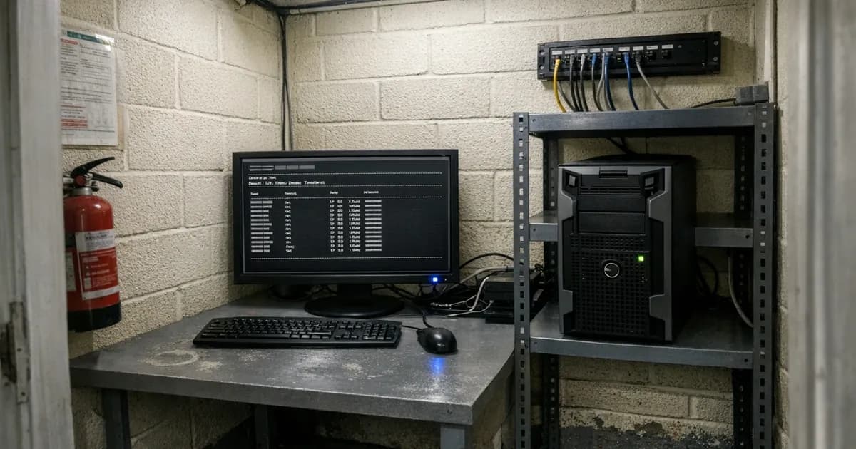 Linux terminal displaying UFW firewall status on monitor in small business server room with Dell server and network equipment
