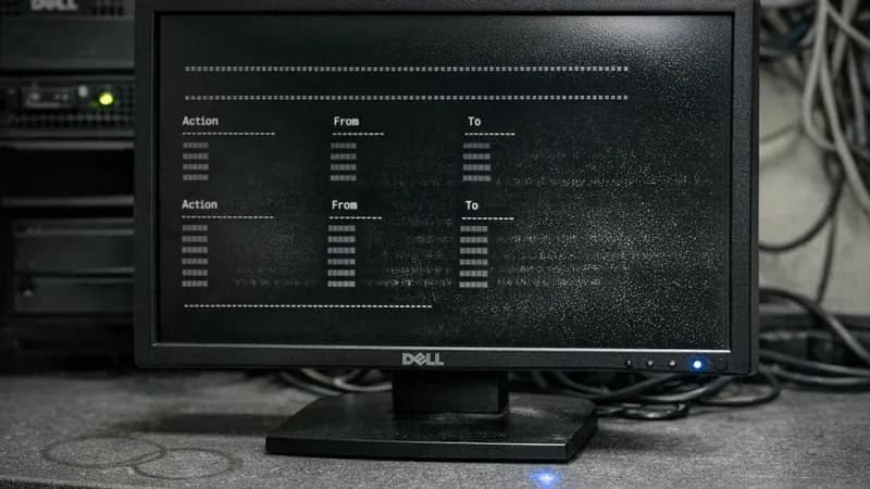 Linux terminal displaying UFW firewall status on monitor in small business server room with Dell server and network equipment