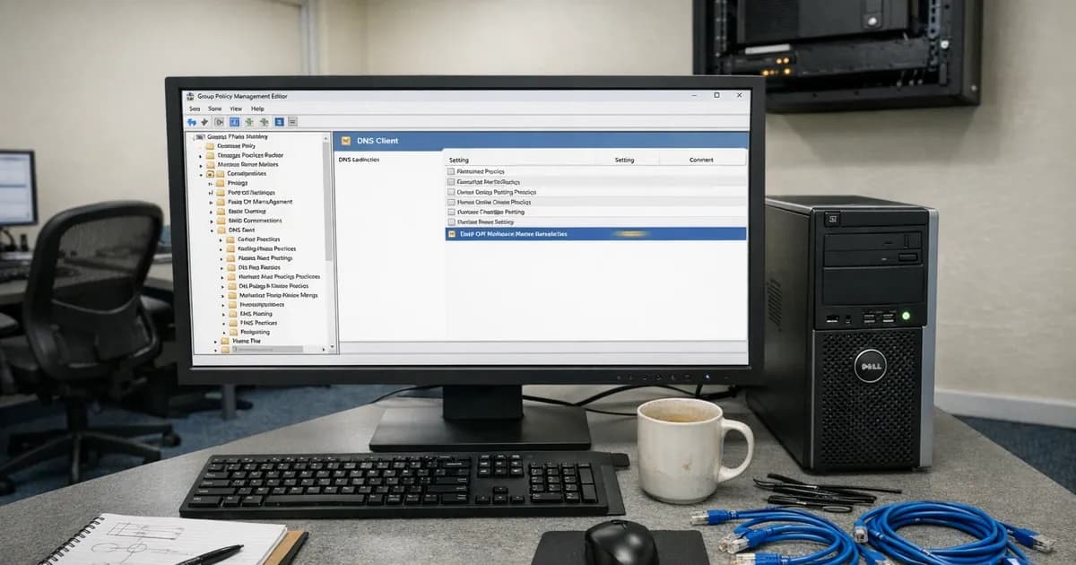 Windows workstation displaying Group Policy Management Editor interface for configuring LLMNR and NBT-NS security settings in a UK business IT office