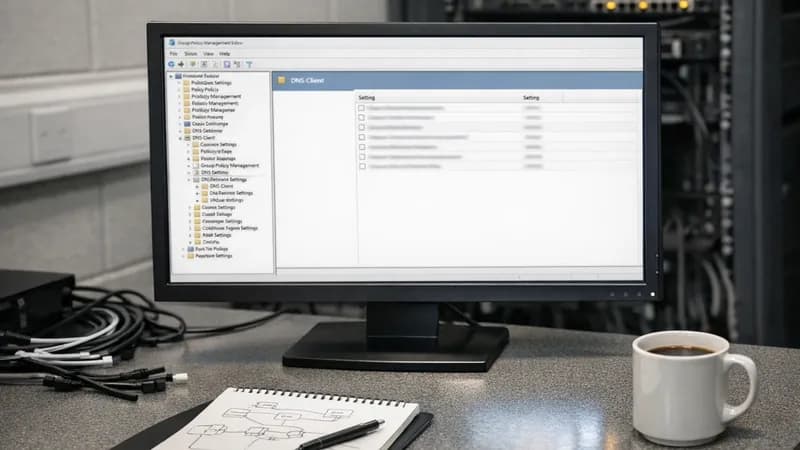 Windows workstation displaying Group Policy Management Editor interface for configuring LLMNR and NBT-NS security settings in a UK business IT office