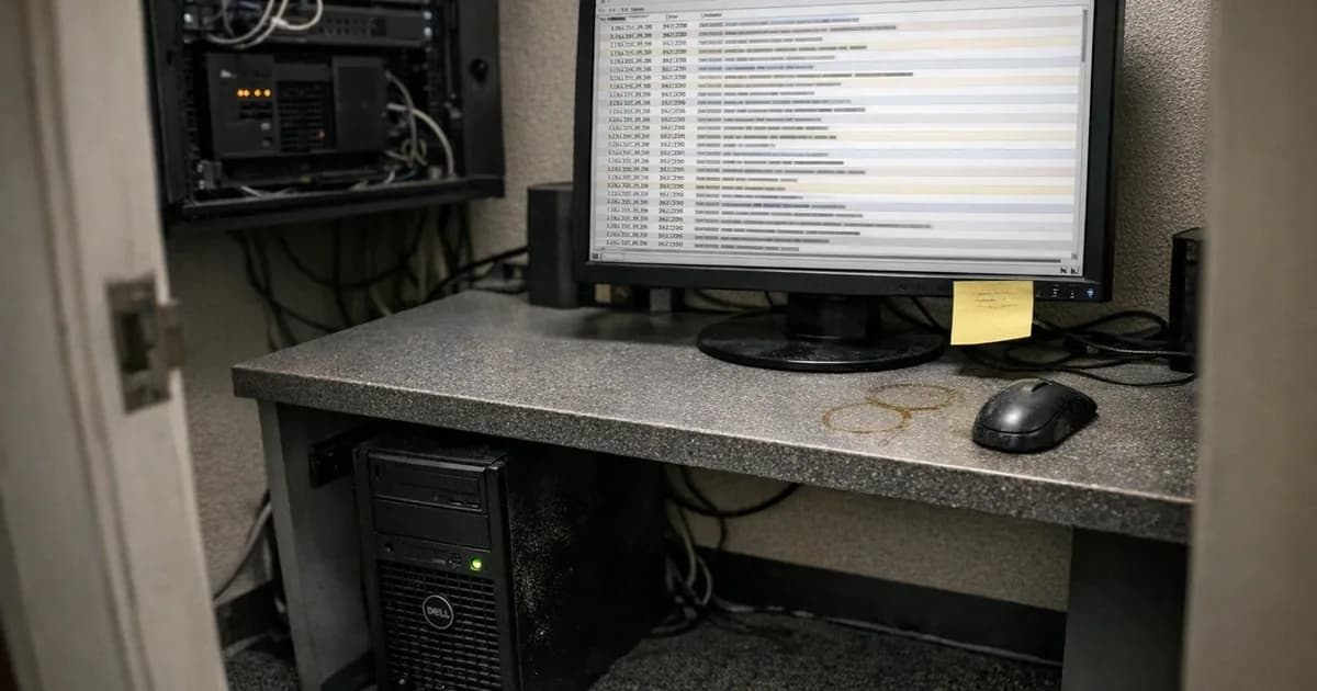 A desktop computer displaying a Java application log viewer interface with timestamped entries, sitting in a cramped server room with network equipment
