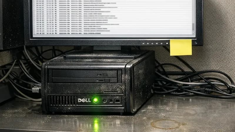 A desktop computer displaying a Java application log viewer interface with timestamped entries, sitting in a cramped server room with network equipment