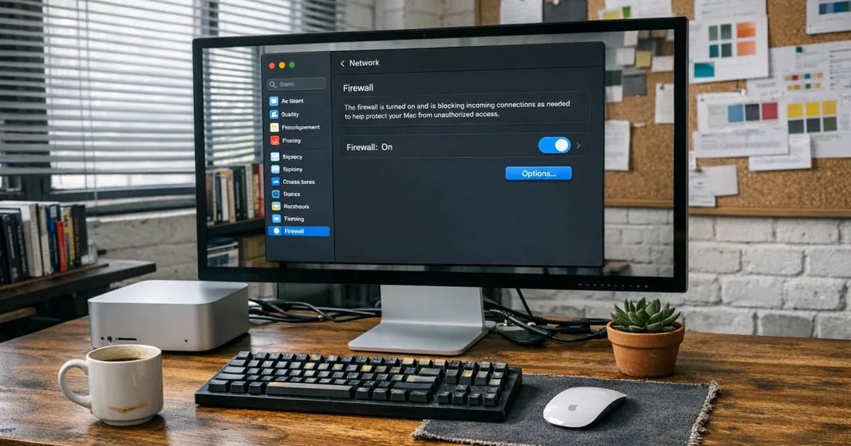 Mac Studio Display showing macOS System Settings firewall configuration panel on a wooden desk in a creative office