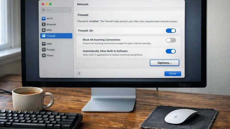Mac Studio Display showing macOS System Settings firewall configuration panel on a wooden desk in a creative office