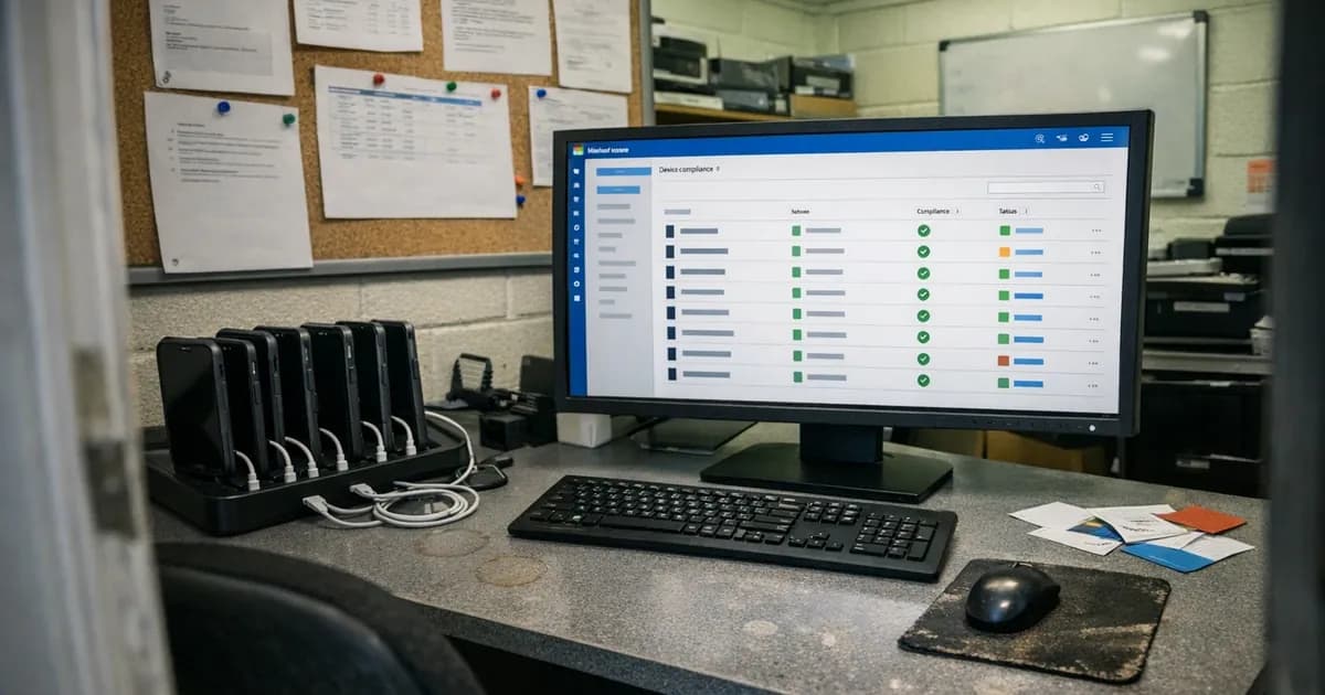 Computer monitor showing Microsoft Intune device compliance dashboard with company iPhones charging in a desktop station beside it in a small business office