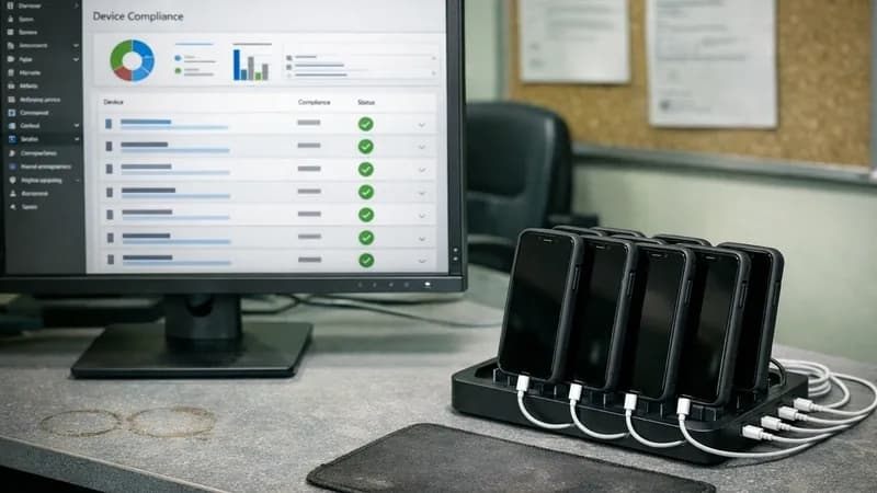 Computer monitor showing Microsoft Intune device compliance dashboard with company iPhones charging in a desktop station beside it in a small business office