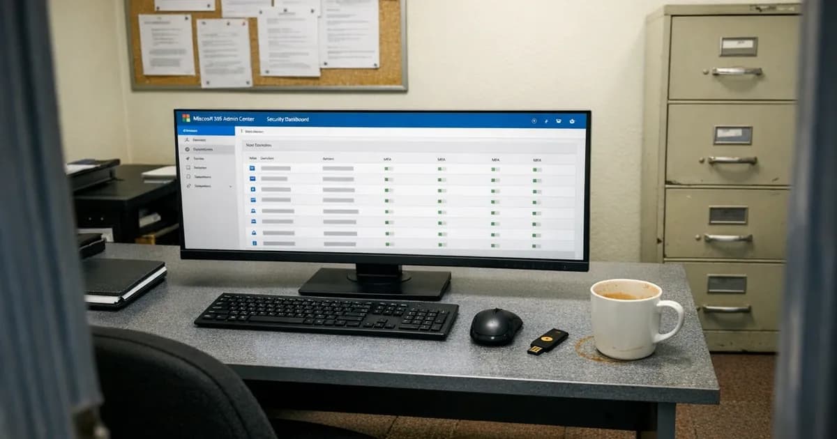 Microsoft 365 admin centre displayed on office monitor with YubiKey security token on desk in UK business office setting