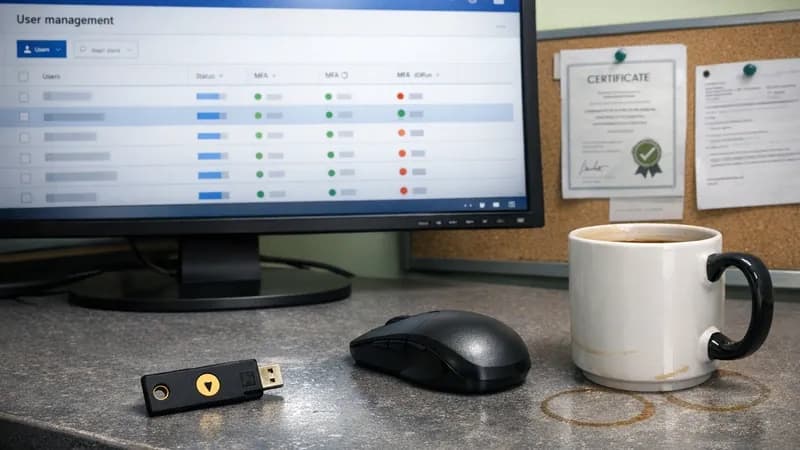 Microsoft 365 admin centre displayed on office monitor with YubiKey security token on desk in UK business office setting