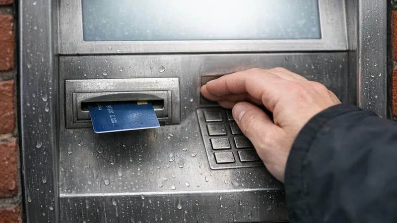 A person at a British high-street cash machine with a card inserted in the slot and one hand cupped over the PIN pad.