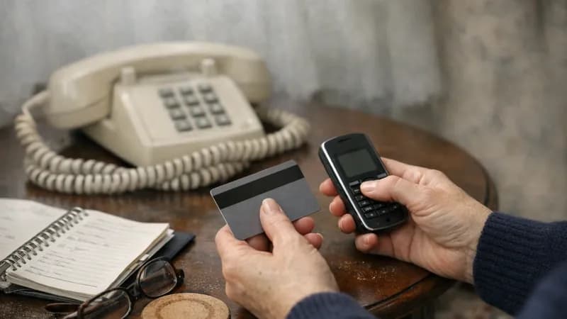 A cordless telephone handset resting on a kitchen worktop beside a notepad with a phone number written on it and a bank card, in an ordinary UK home in daylight.