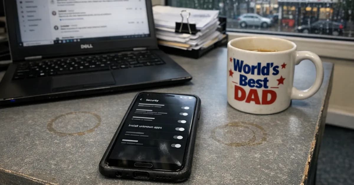 Samsung Galaxy smartphone on office desk displaying Android security settings page