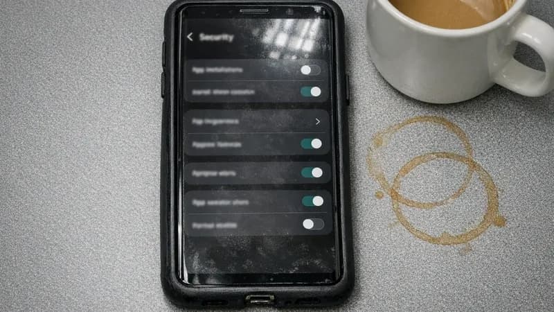 Samsung Galaxy smartphone on office desk displaying Android security settings page