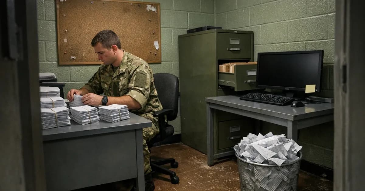 British Army clerk in combat uniform manually sorting paper payslips at desk with switched-off computer in military administrative office