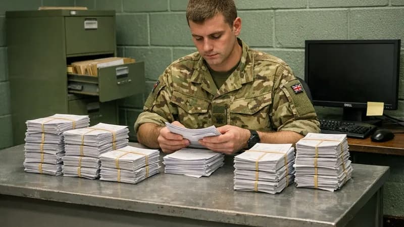 British Army clerk in combat uniform manually sorting paper payslips at desk with switched-off computer in military administrative office