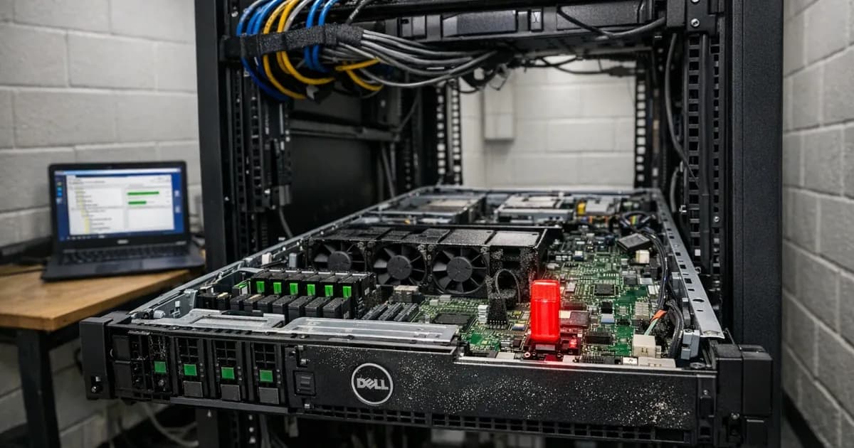 An open server chassis showing internal components with a red USB device plugged into the motherboard, illustrating the MOVEit vulnerability's ability to compromise file transfer systems