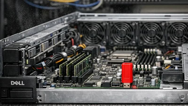 An open server chassis showing internal components with a red USB device plugged into the motherboard, illustrating the MOVEit vulnerability's ability to compromise file transfer systems