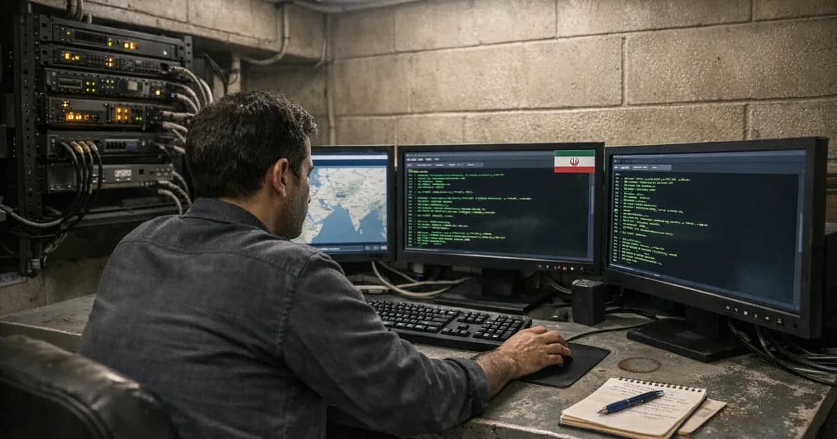 Iranian intelligence operator at command and control workstation with multiple monitors displaying terminal interfaces, in institutional government facility