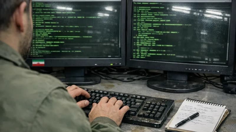 Iranian intelligence operator at command and control workstation with multiple monitors displaying terminal interfaces, in institutional government facility