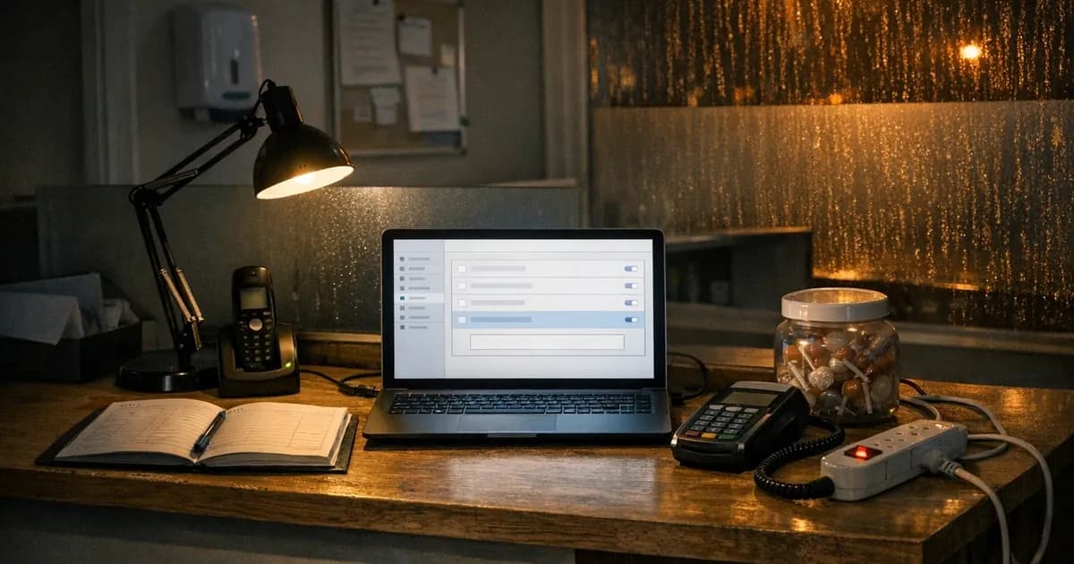 A laptop open on the counter of a small shop after closing, its screen showing a list of settings toggles, lit by an angled desk lamp beside an appointment diary, a card machine and a cordless phone, with rain running down the window behind.