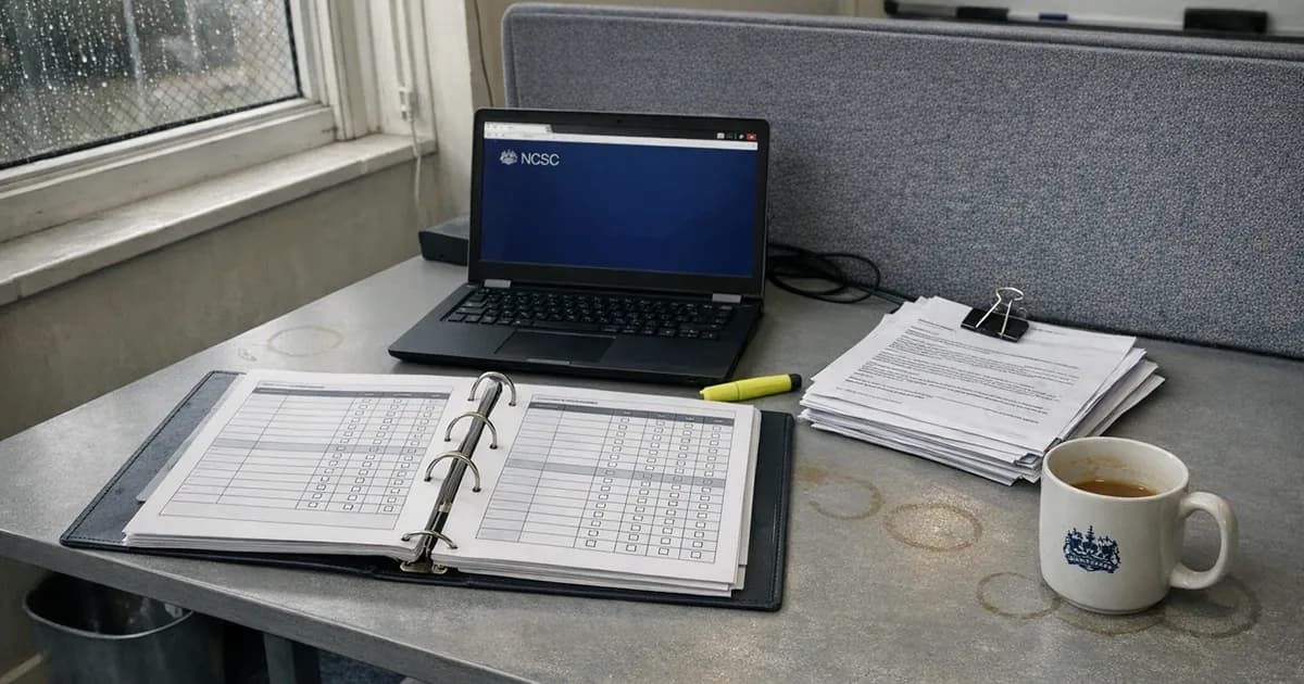 Government office desk with open comparison documents, laptop displaying NCSC website, and printed advisory materials in a civil service workspace