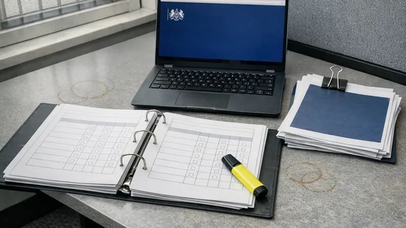 Government office desk with open comparison documents, laptop displaying NCSC website, and printed advisory materials in a civil service workspace