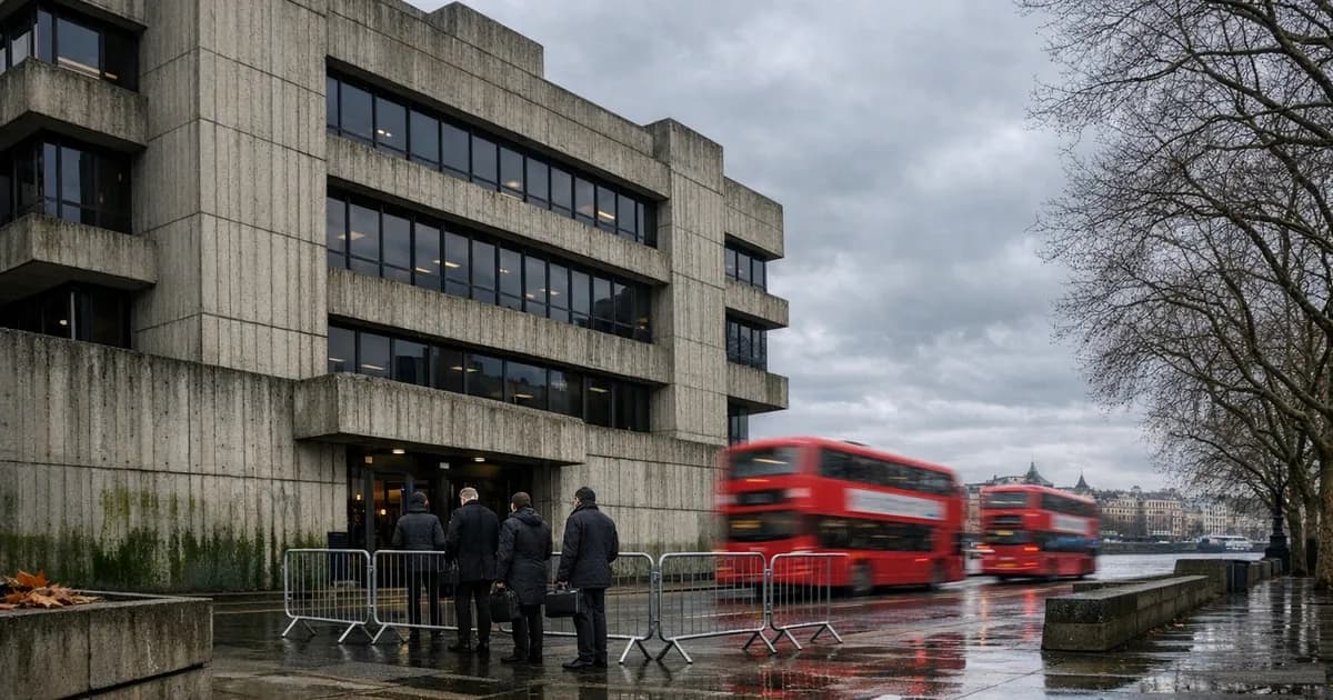 The NCSC headquarters building entrance in London with officials waiting in queue during overcast weather