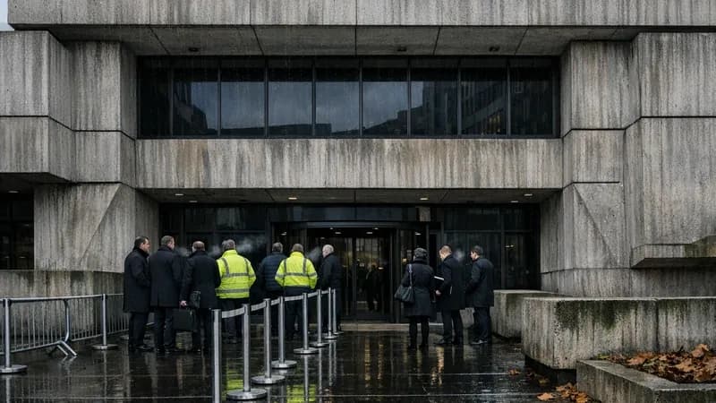 The NCSC headquarters building entrance in London with officials waiting in queue during overcast weather