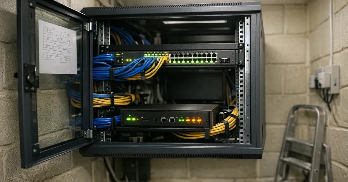 Network switch and firewall in wall-mounted rack showing VLAN segmentation infrastructure