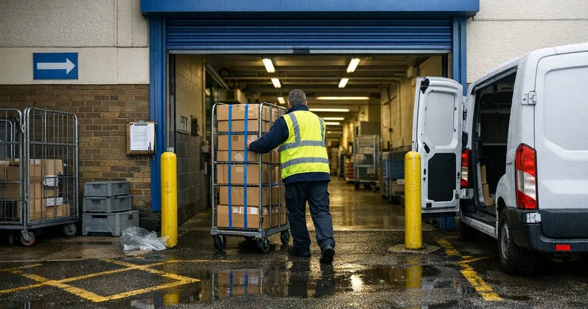 NHS hospital goods-in loading bay with medical supply boxes stacked on a cage trolley and delivery paperwork on a wall-mounted clipboard beside the roller shutter entrance
