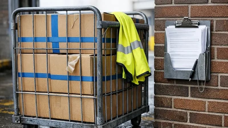 NHS hospital goods-in loading bay with medical supply boxes stacked on a cage trolley and delivery paperwork on a wall-mounted clipboard beside the roller shutter entrance