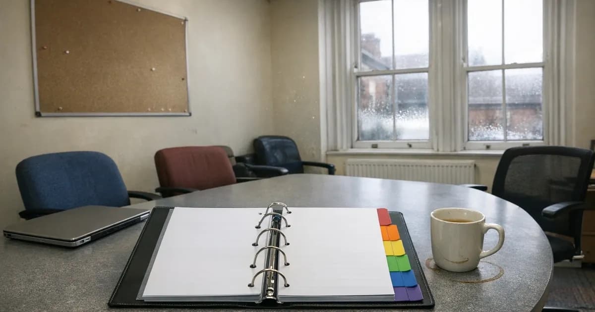 Open ring binder with six colour-coded tabbed sections on office table beside laptop and mug, representing NIST cybersecurity framework organization in UK business meeting room