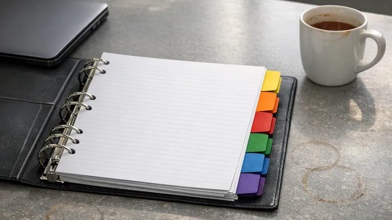 Open ring binder with six colour-coded tabbed sections on office table beside laptop and mug, representing NIST cybersecurity framework organization in UK business meeting room