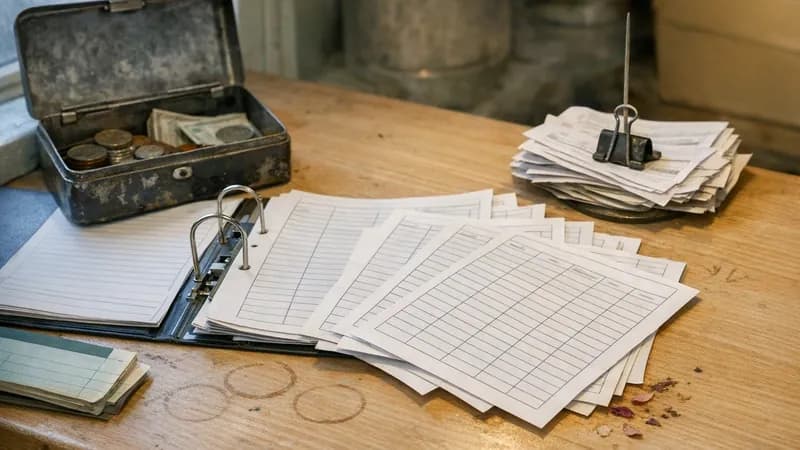 A cluttered small business back office with a filing cabinet drawer open, payroll paperwork spread on the desk beside a computer, and ordinary job folders stacked on a shelf.