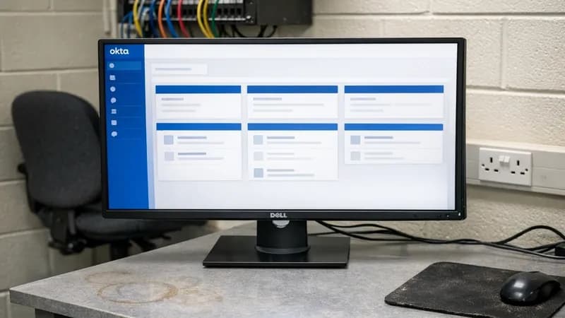 Computer monitor displaying Okta SuperUser support interface in a cramped UK IT contractor office