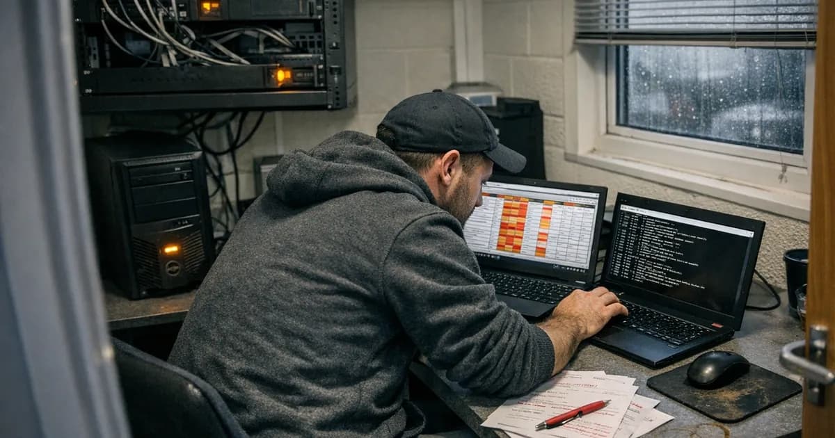A security assessor conducting a Cyber Essentials Plus evaluation with vulnerability scanning software and command line tools open on laptops in a small business IT office
