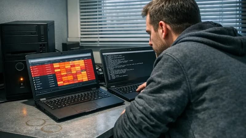 A security assessor conducting a Cyber Essentials Plus evaluation with vulnerability scanning software and command line tools open on laptops in a small business IT office