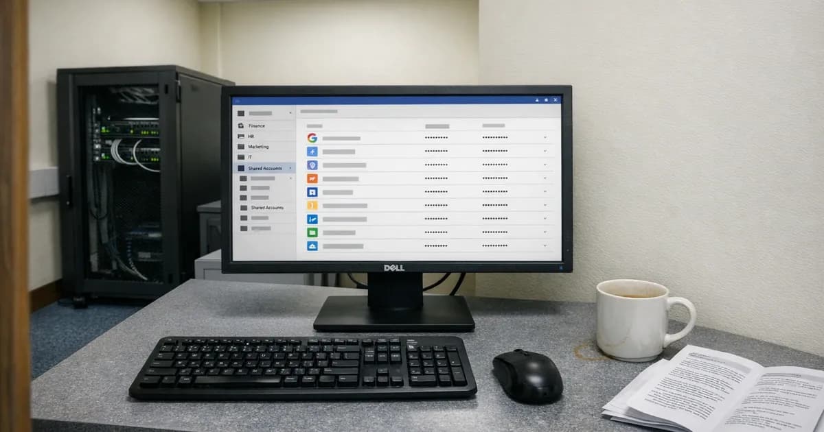 Desktop computer monitor displaying a password manager interface with organized password vault and website entries in a small business office setting