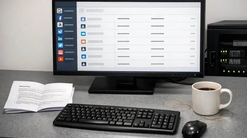 Desktop computer monitor displaying a password manager interface with organized password vault and website entries in a small business office setting