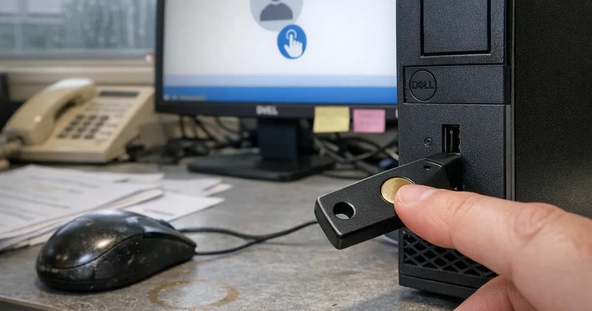 FIDO2 security key inserted in computer USB port with finger hovering over touch sensor, Microsoft 365 login screen visible on monitor in UK office environment