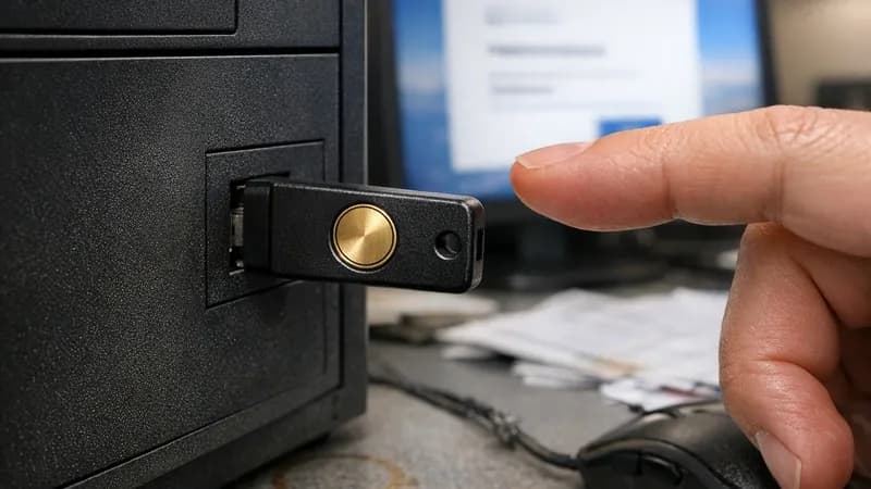 FIDO2 security key inserted in computer USB port with finger hovering over touch sensor, Microsoft 365 login screen visible on monitor in UK office environment