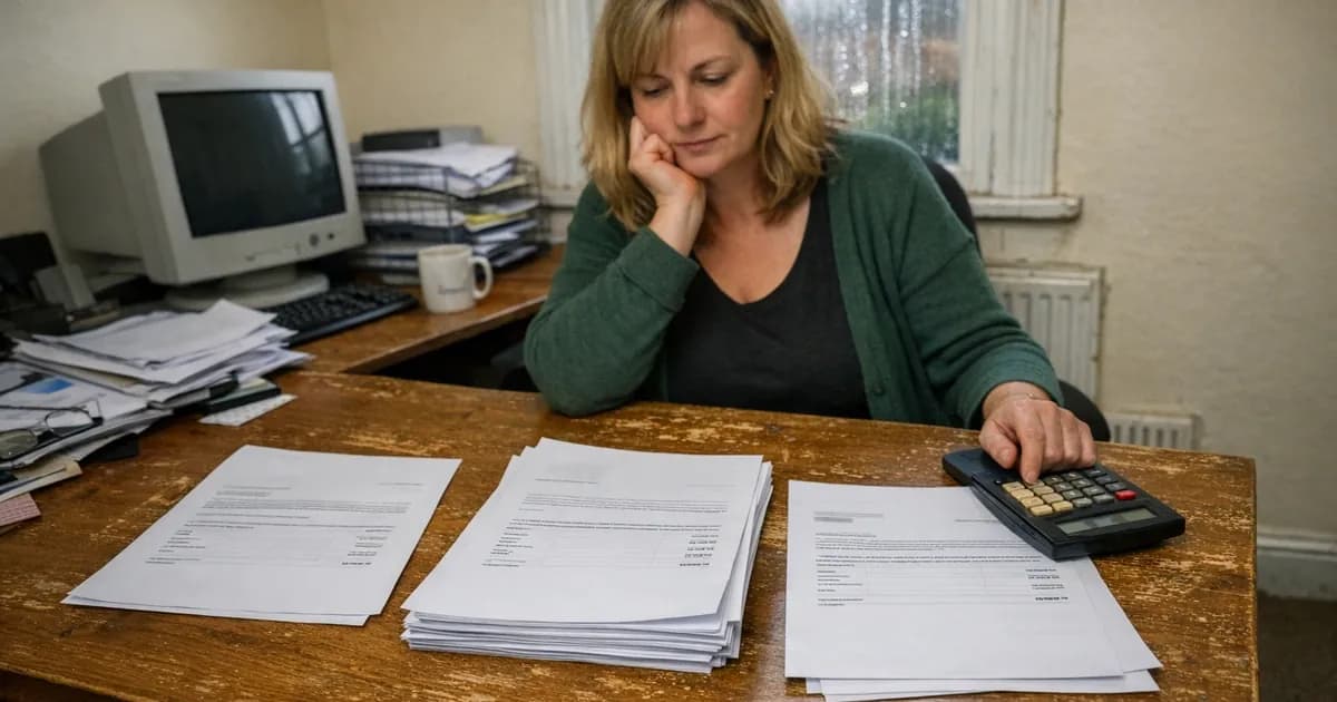 Small business owner at desk comparing multiple penetration testing quotes with calculator