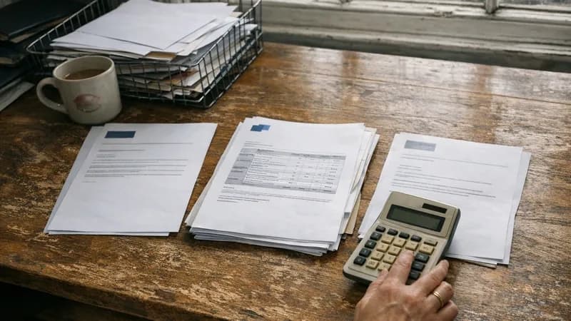 Small business owner at desk comparing multiple penetration testing quotes with calculator