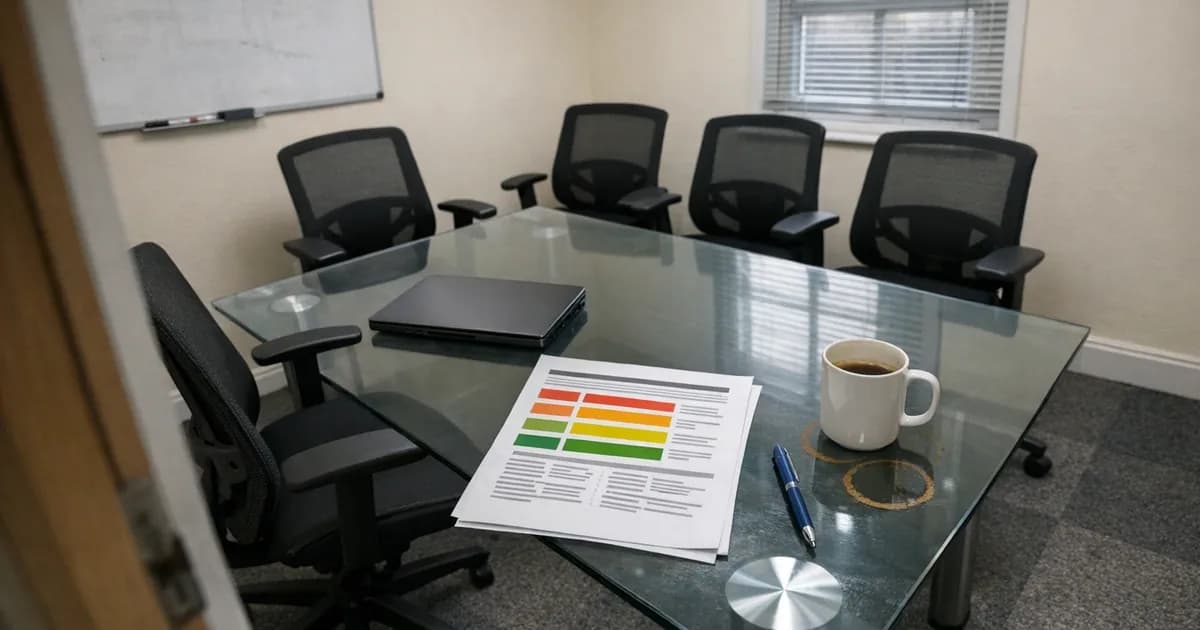 Penetration testing report printout on conference table with laptop and coffee mug in UK business meeting room