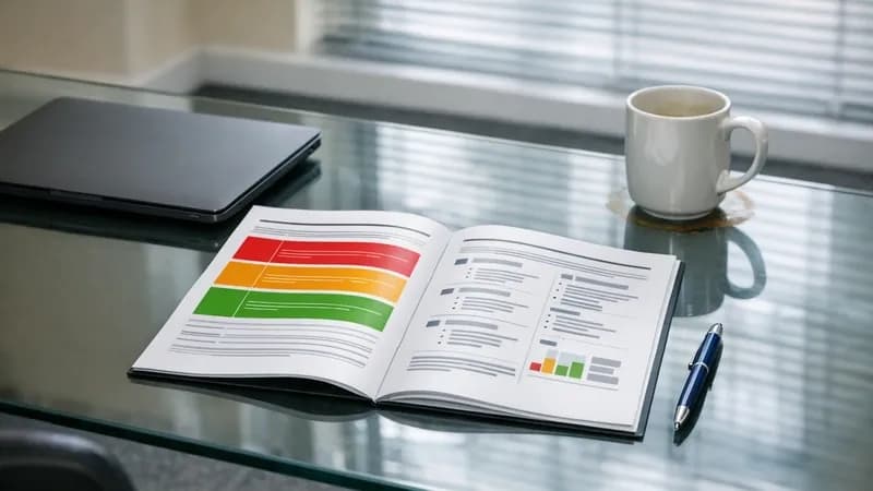 Penetration testing report printout on conference table with laptop and coffee mug in UK business meeting room