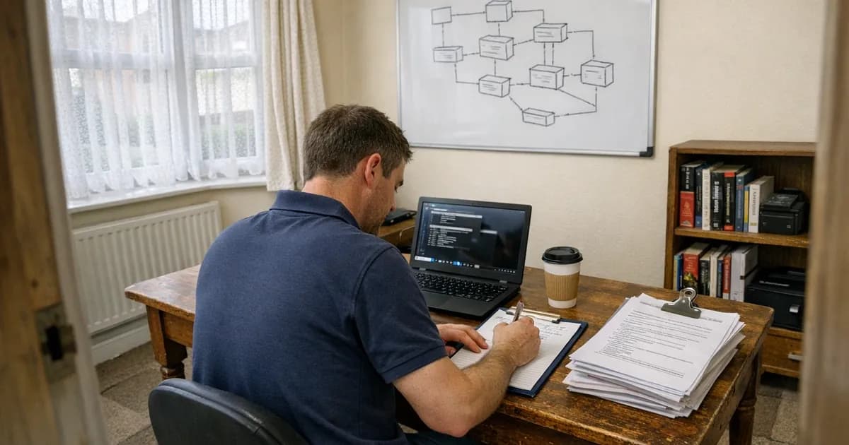 A penetration tester making handwritten notes at a desk during a live security assessment in a small UK business office