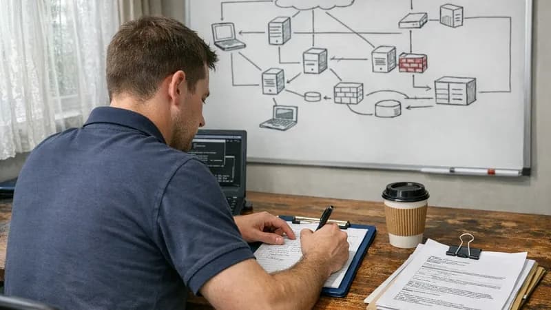 A penetration tester making handwritten notes at a desk during a live security assessment in a small UK business office