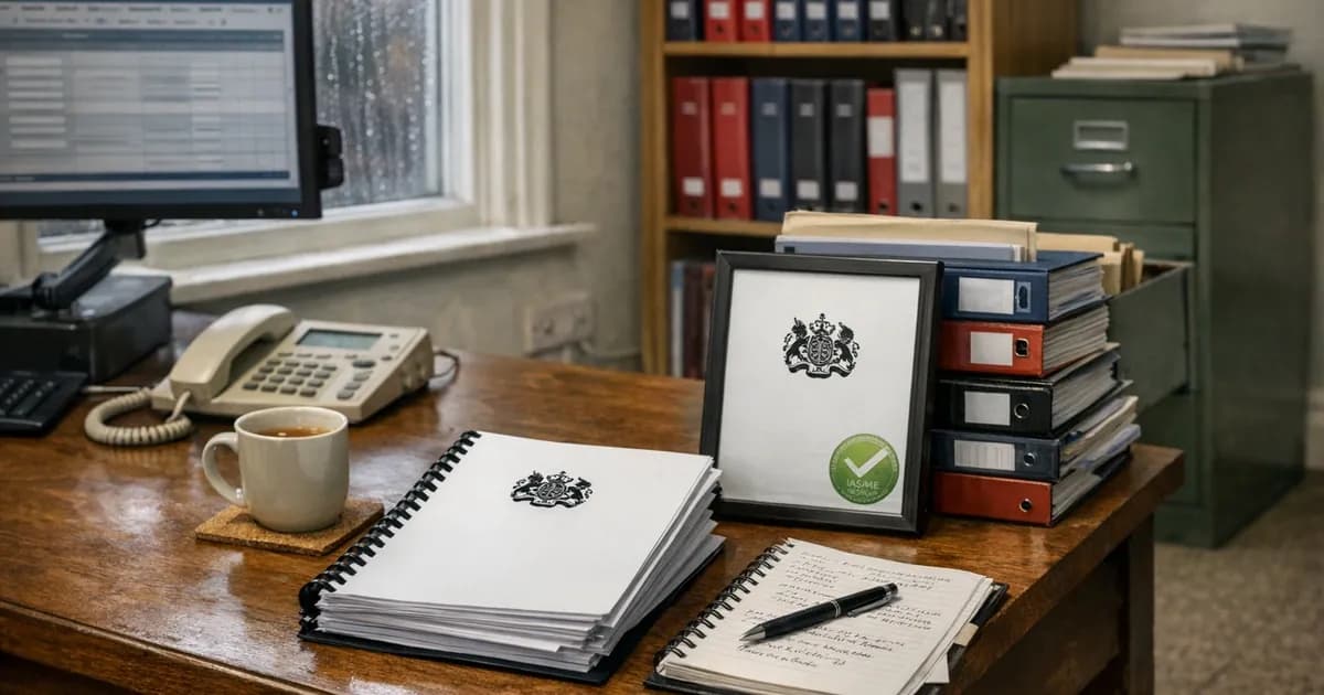 A bid manager at a UK central government supplier office reviewing a Cabinet Office procurement document referencing PPN 09/14 alongside a Cyber Essentials Plus certificate, with a printed bid questionnaire visible on the desk.