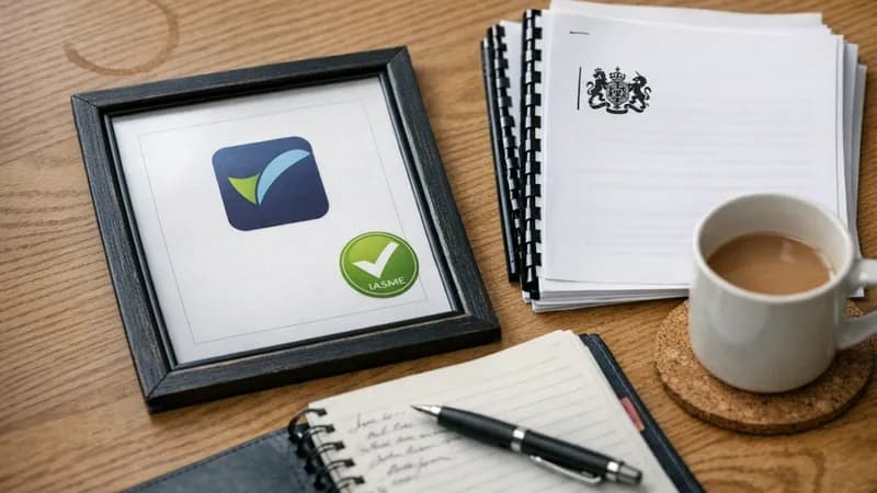 A bid manager at a UK central government supplier office reviewing a Cabinet Office procurement document referencing PPN 09/14 alongside a Cyber Essentials Plus certificate, with a printed bid questionnaire visible on the desk.